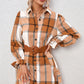 Plaid Collared Neck Flounce Sleeve Shirt Dress