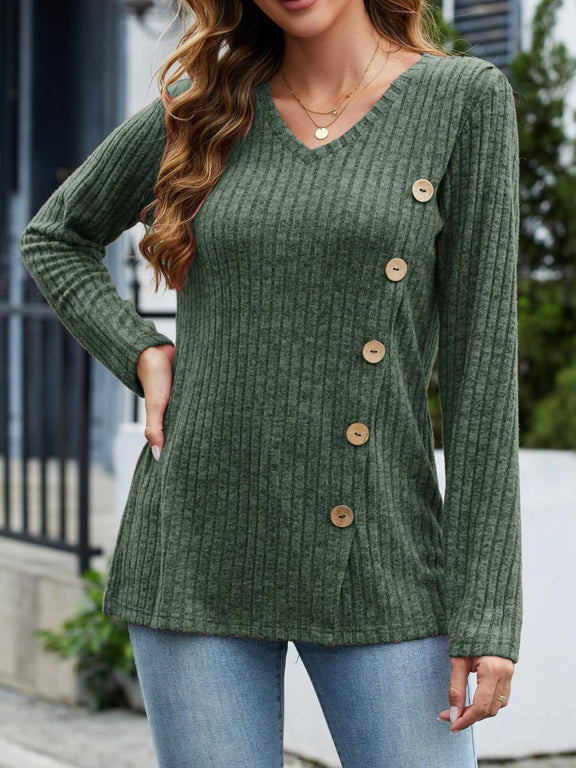V-Neck Long Sleeve T-Shirt Dark Green