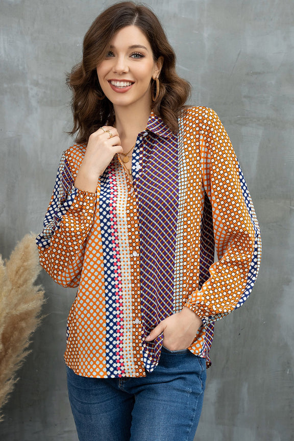 Printed Collared Neck Long Sleeve Shirt Camel