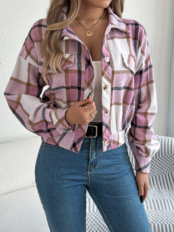Plaid Button Up Long Sleeve Jacket Dusty Pink