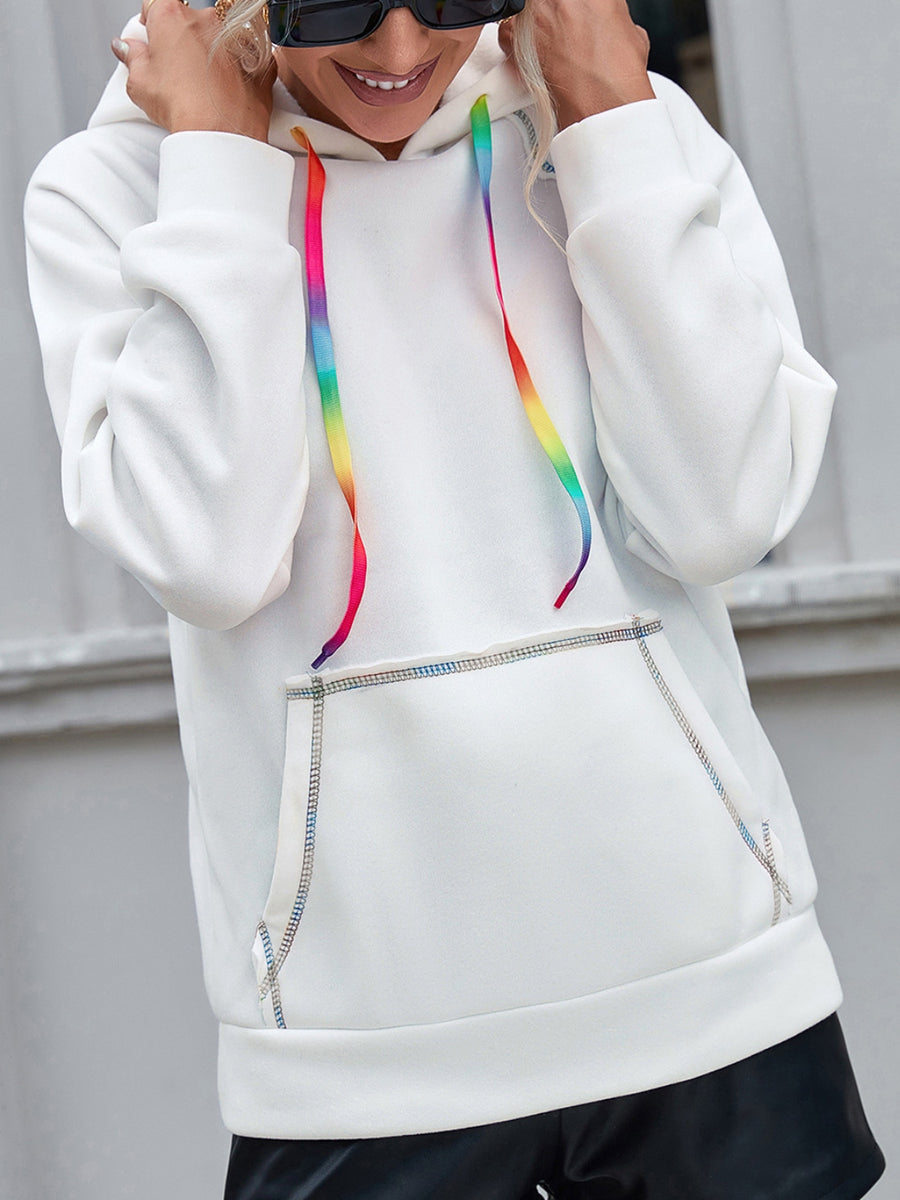 Ivy Lane Contrast Stitching Drawstring Raglan Sleeve Hoodie Brown