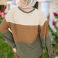 Waffle-Knit Color Block Round Neck Long Sleeve Blouse