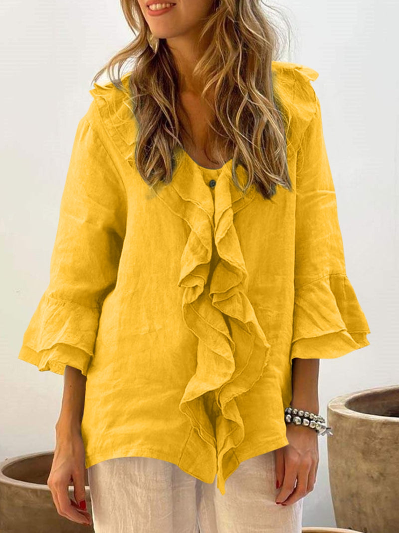 Full Size Ruffled V-Neck Flounce Sleeve Blouse Yellow