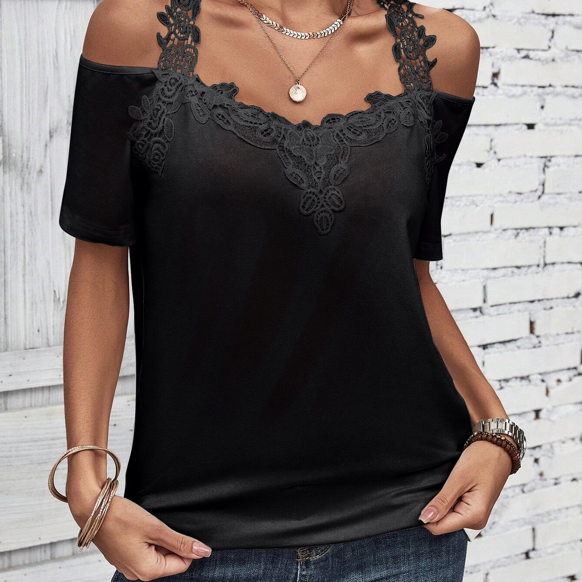 Full Size Lace Detail Short Sleeve T-Shirt Black