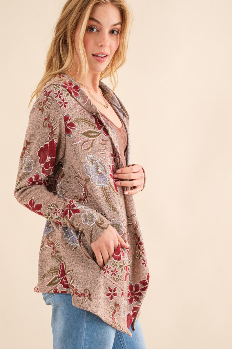 And The Why Floral Thermal Hooded Open Front Cardigan