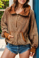 Drawstring Half Zip Long Sleeve Hoodie Brown