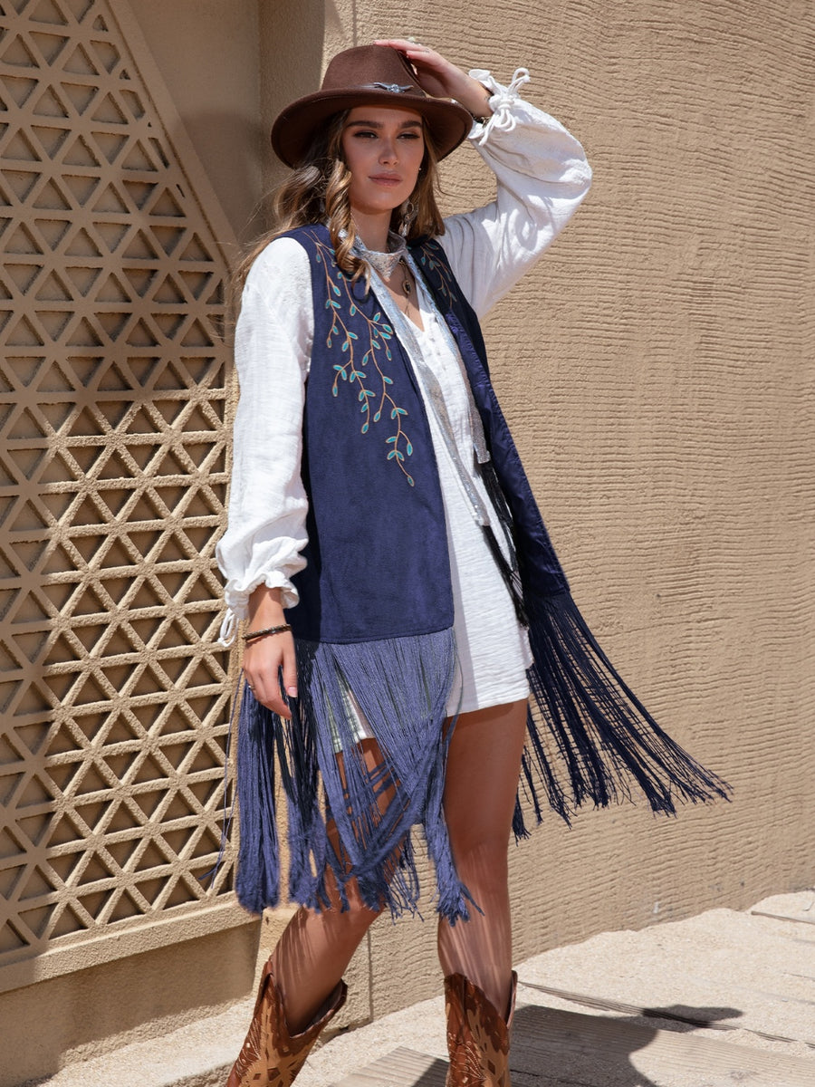 Faux Suede Fringe Hem Open Front Vest Navy
