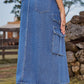 Slit Front Midi Denim Skirt with Pockets