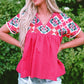 Embroidered Tie Neck Short Sleeve Blouse