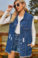 Sleeveless Button-Up Collared Denim Top with Pockets Medium