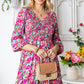 Floral Smocked V-Neck Flounce Sleeve Dress