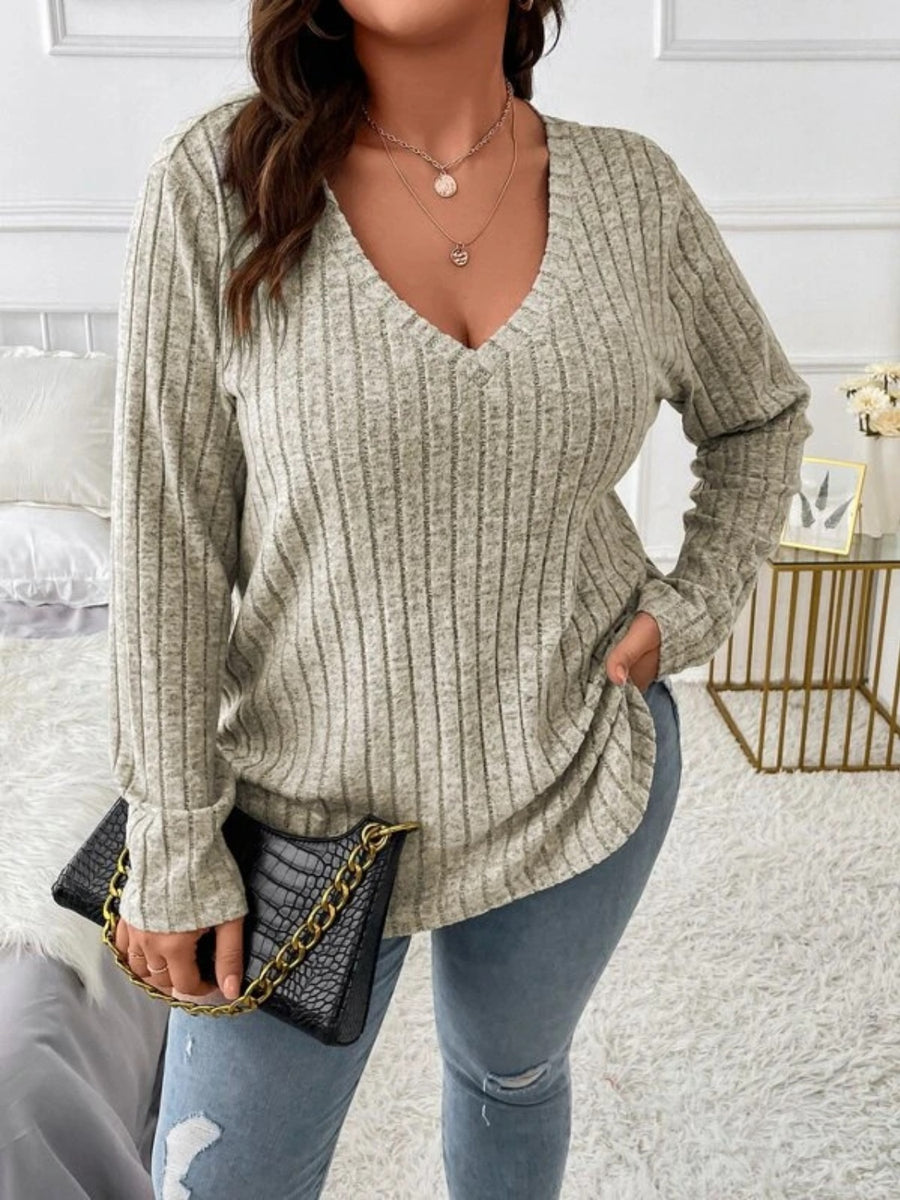 Plus Size V-Neck Long Sleeve T-Shirt Sage