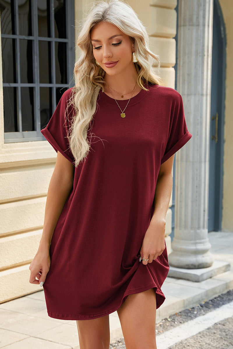 Round Neck Rolled Short Sleeve Tee Dress Burgundy