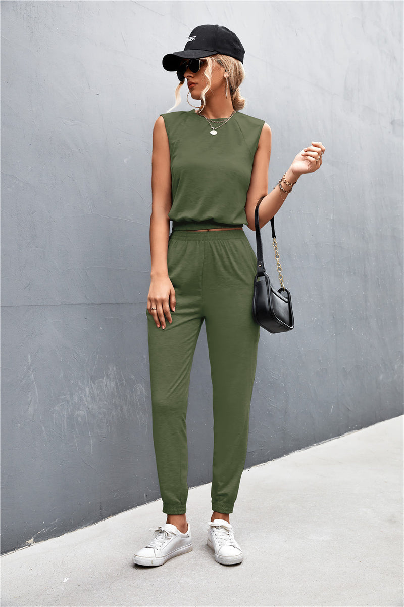 Sleeveless Top and Joggers Set Army Green