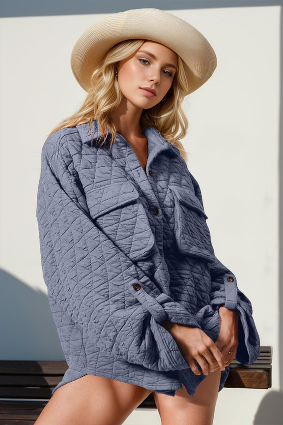 Double Take Button Up Quilted Shacket with Chest Pockets Dusty Blue