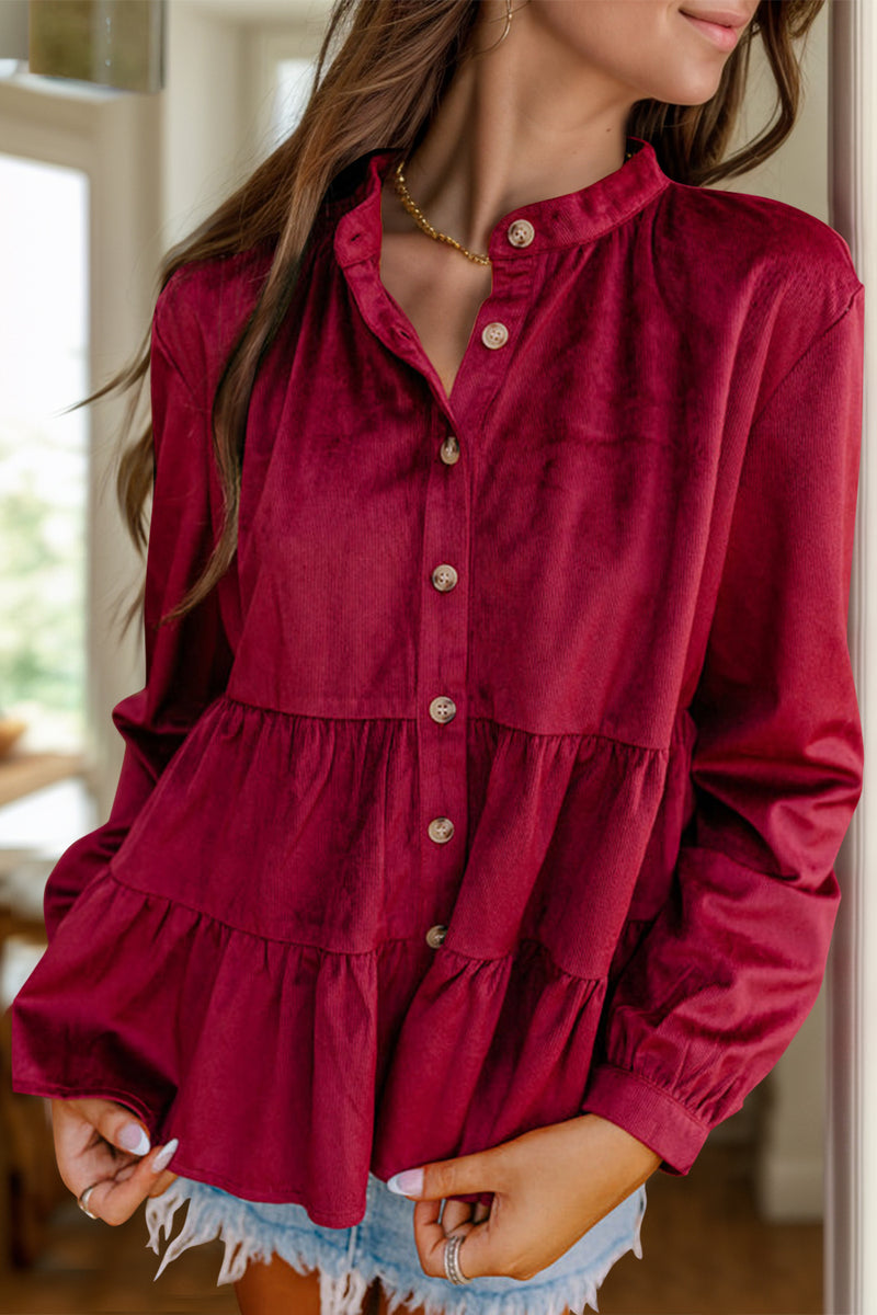 Peplum Round Neck Long Sleeve Shirt Burgundy