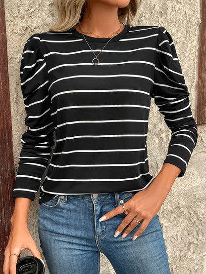 Full Size Striped Round Neck Puff Sleeve T-Shirt Black