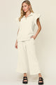 Double Take Texture Ruffle Short Sleeve Top and Drawstring Wide Leg Pants Set Cream