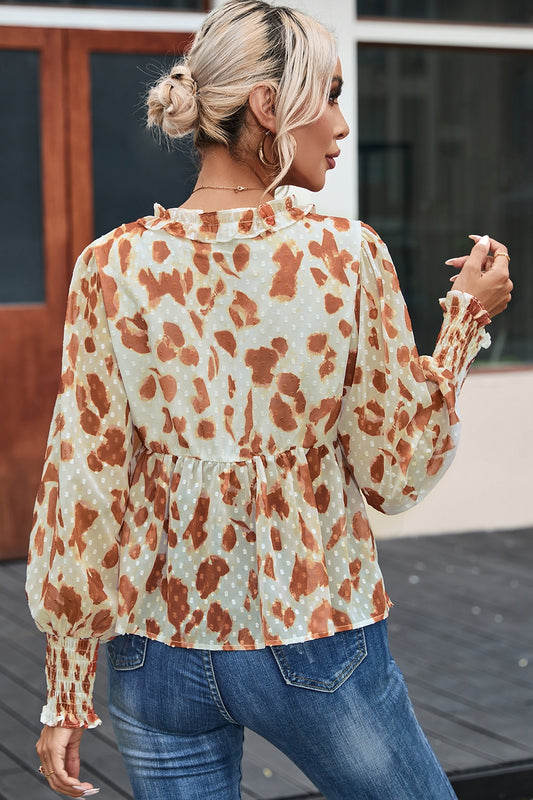 Frill Printed V-Neck Lantern Sleeve Blouse