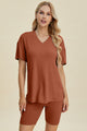Basic Bae Full Size Ribbed V-Neck Short Sleeve Top and Shorts Set Caramel
