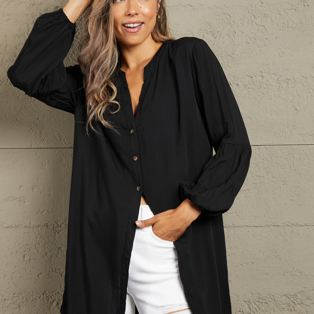 Ivy Lane Notched Neck Balloon Sleeve Shirt