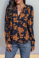 Perfee Printed Notched Long Sleeve Blouse Dark Blue