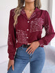 Letter Printed Button Up Long Sleeve Blouse Burgundy