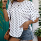 Perfee Slit Polka Dot Round Neck Half Sleeve Blouse