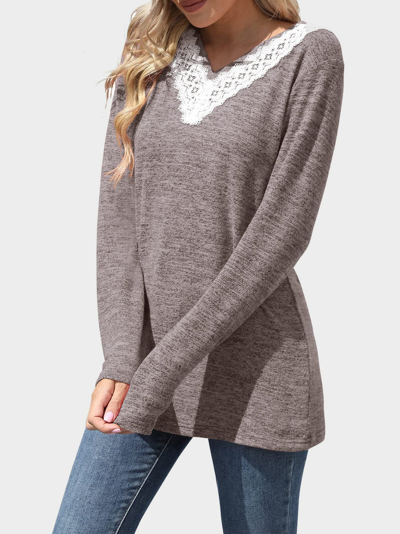 Lace Detail V-Neck Long Sleeve T-Shirt Mocha