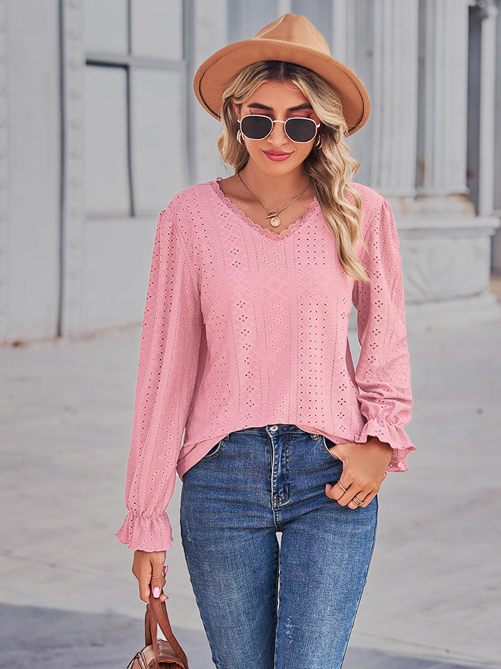 Eyelet V-Neck Flounce Sleeve Blouse