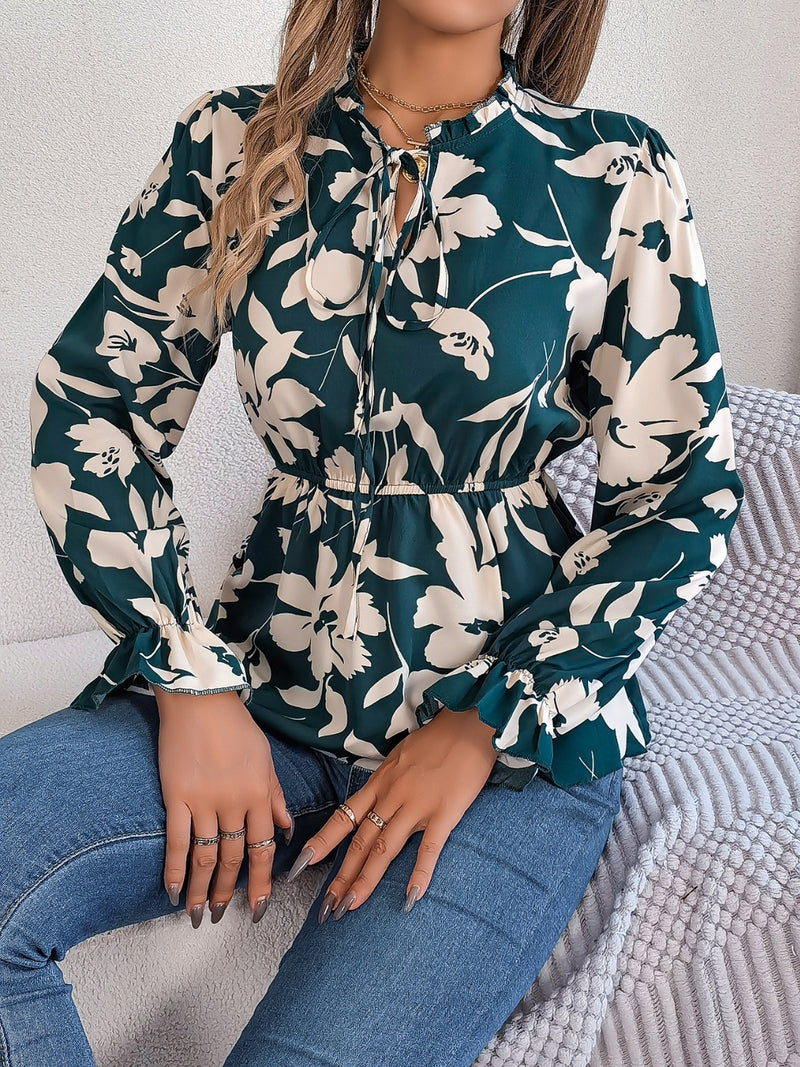 Printed Tie Neck Flounce Sleeve Blouse