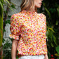 Floral Puff Sleve Keyhole Blouse