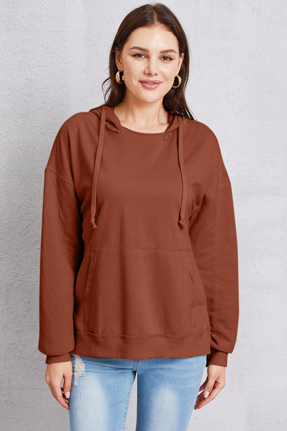 Drawstring Kangaroo Pocket Dropped Shoulder Hoodie Rust
