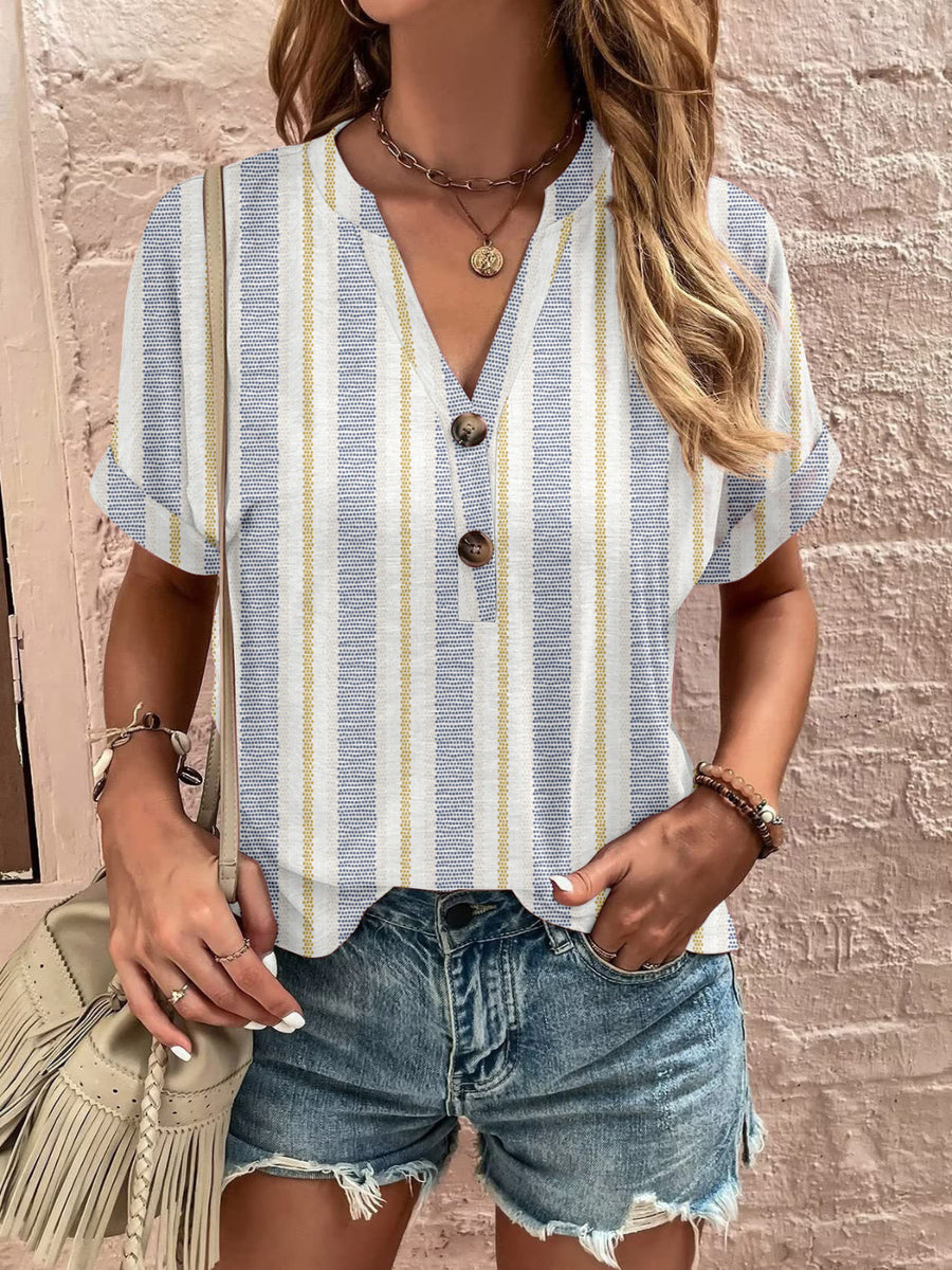 Full Size Printed Notched Short Sleeve Blouse Stripe