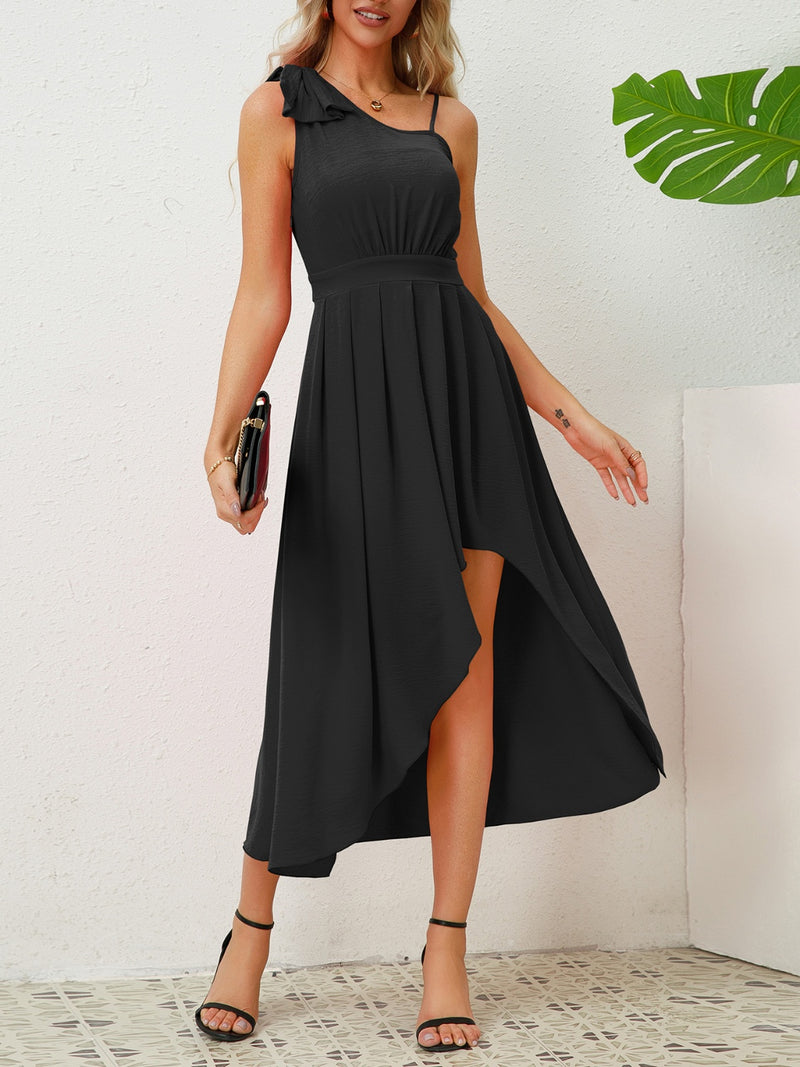 Bow Asymmetrical Neck Sleeveless Dress