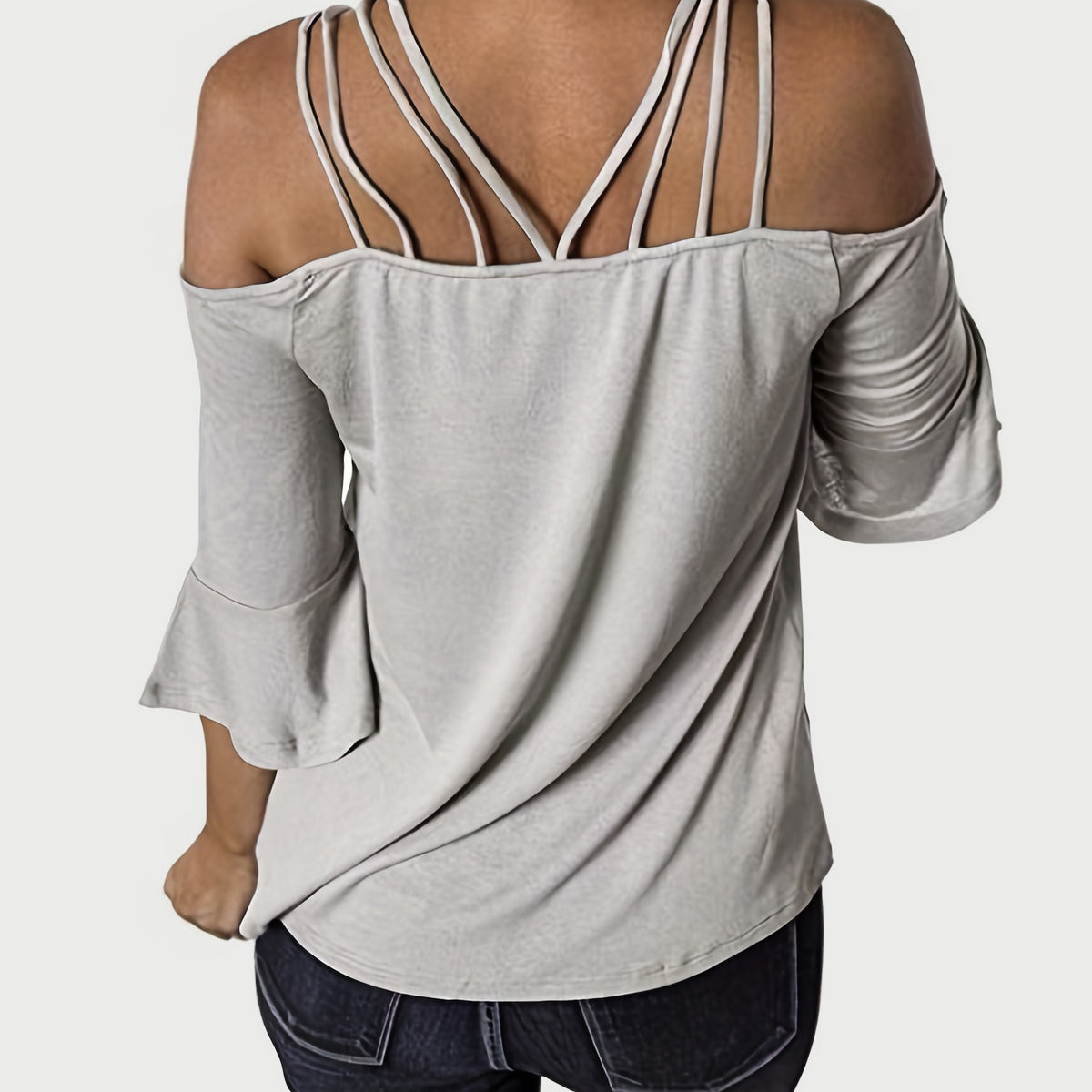 Full Size Cold Shoulder Three-Quarter Sleeve Blouse Light Gray