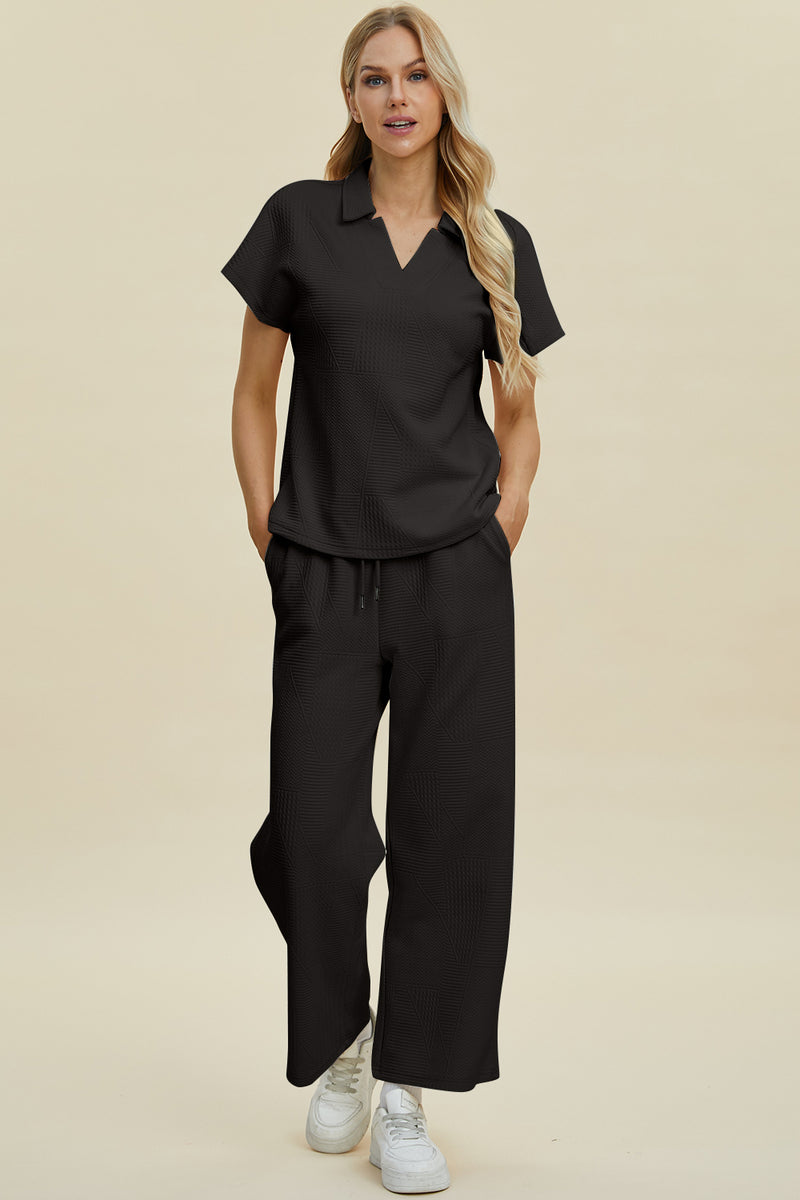 Double Take Full Size Collared Neck Short Sleeve Top and Pants Set Black