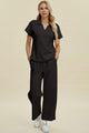 Double Take Full Size Collared Neck Short Sleeve Top and Pants Set Black