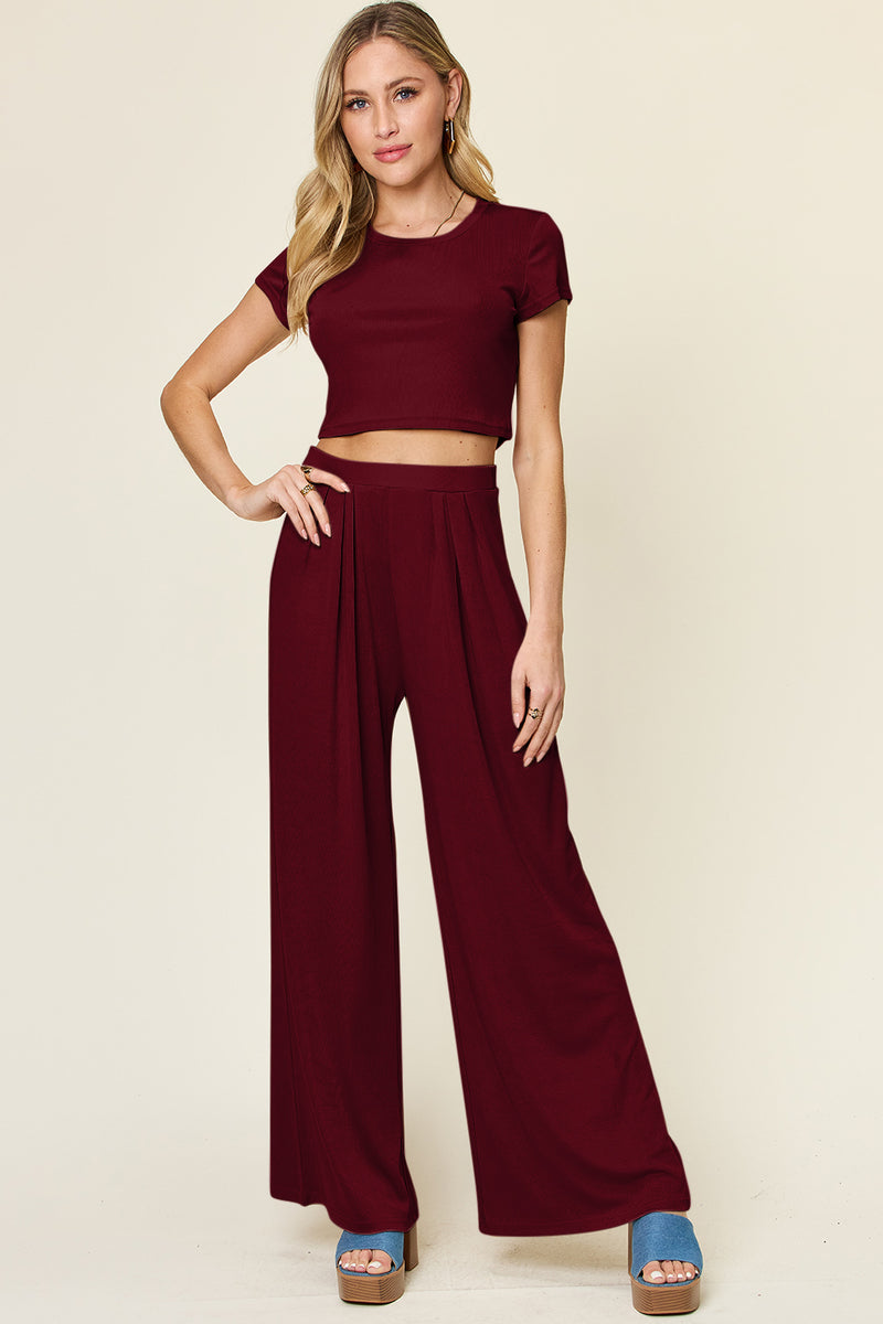 Double Take Full Size Round Neck Top and Pants Set Burgundy