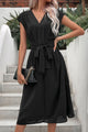 Tie Belt V-Neck Pleated Dress Black