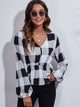 Ruched Printed V-Neck Long Sleeve Blouse Gray