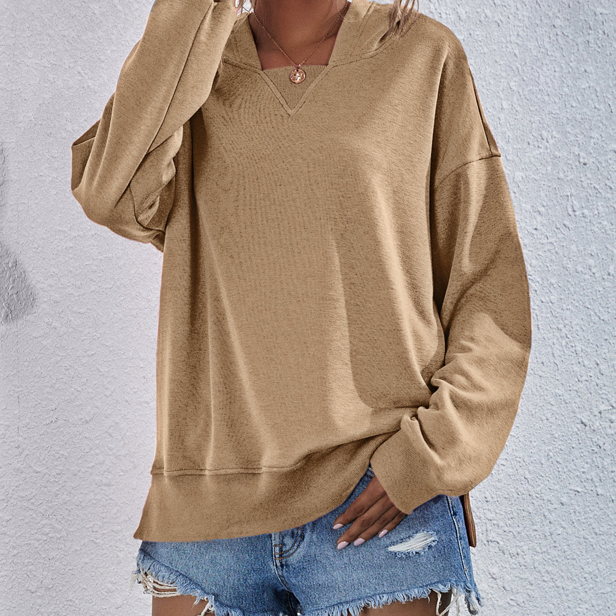 Dropped Shoulder Slit Hoodie Tan