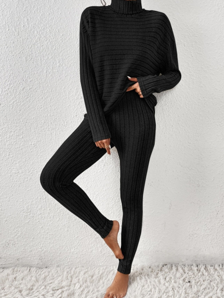 Ribbed Turtleneck Top and Pants Set Black