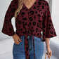 Tied Button Up Leopard V-Neck Blouse