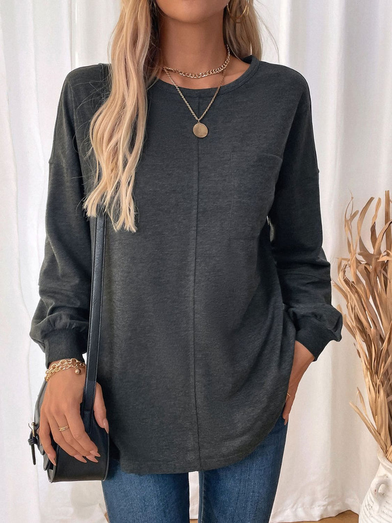 Perfee Pocketed Round Neck Long Sleeve Sweatshirt Dark Gray