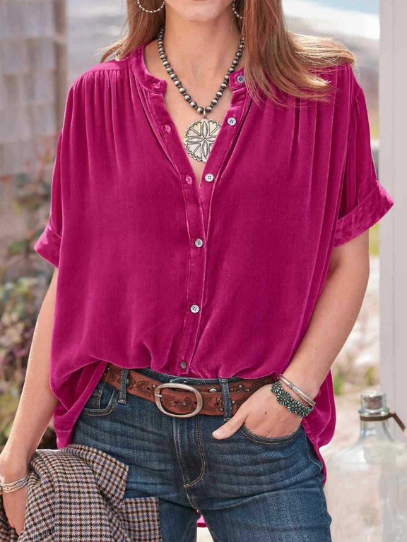 Ruched Round Neck Short Sleeve Shirt Cerise