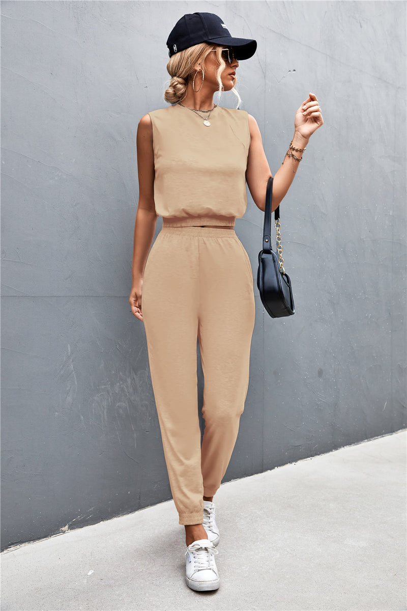 Sleeveless Top and Joggers Set Khaki
