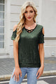 Sequin Cold Shoulder Short Sleeve Blouse Dark Green