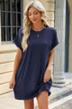 Round Neck Rolled Short Sleeve Tee Dress Dark Blue