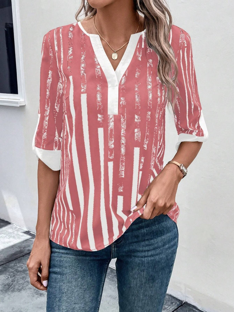 Striped Notched Half Sleeve Blouse